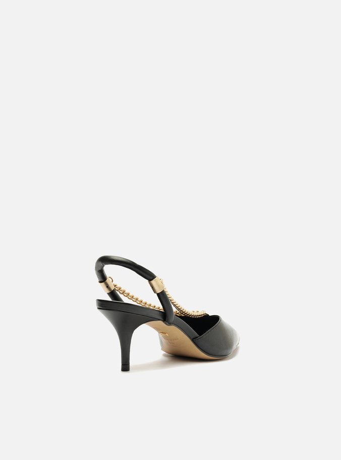 Scarpin Preto Couro Salto Baixo Corrente Esther
