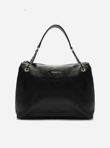 Bolsa Shopping Preta Couro Grande Metal