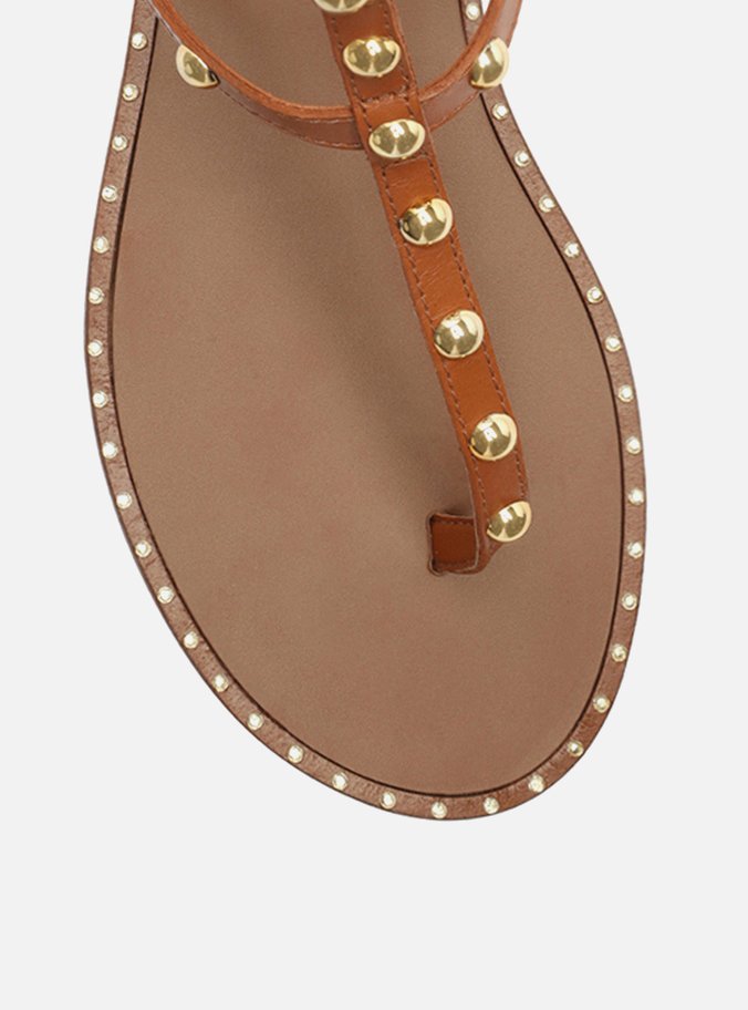 Rasteira Marrom Couro Slim Gladiadora Tachas