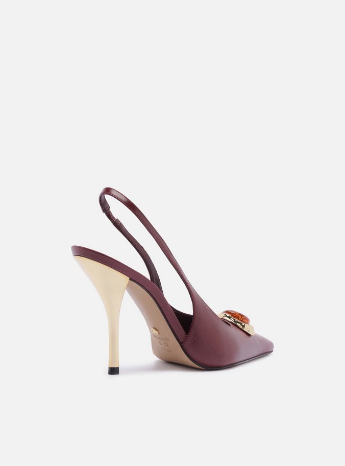 Scarpin Vinho Couro Salto Alto Slingback Pedraria