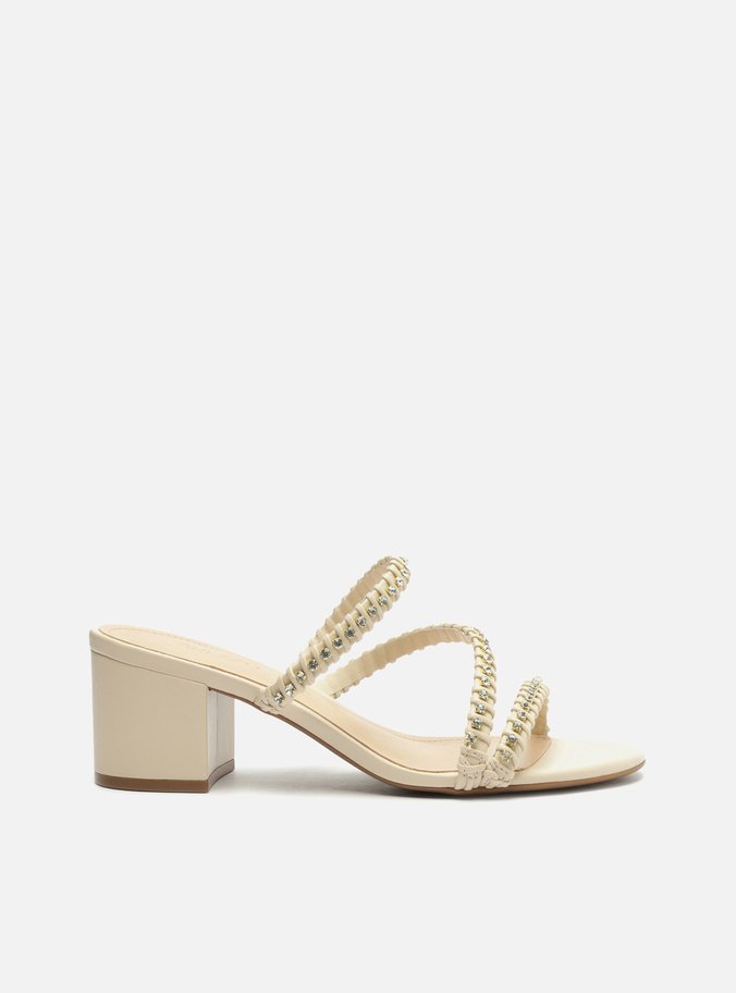 Sandália Off-White Salto Bloco Tiras Pedrarias