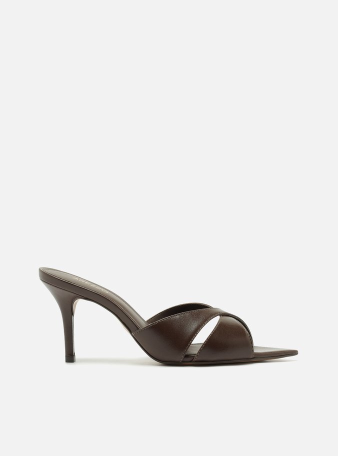 Mule Marrom  Couro Bico Folha Salto Alto