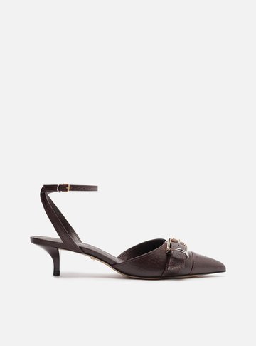 Scarpin Marrom Couro Salto Kitten Aberto Fivela