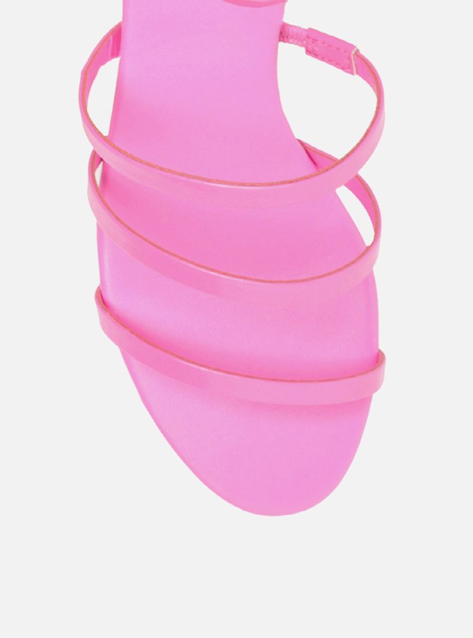 Sandália Rosa Pink Couro Salto Bloco Tiras Finas