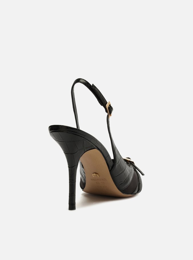 Scarpin Preto Croco Salto Alto Slingback Tela