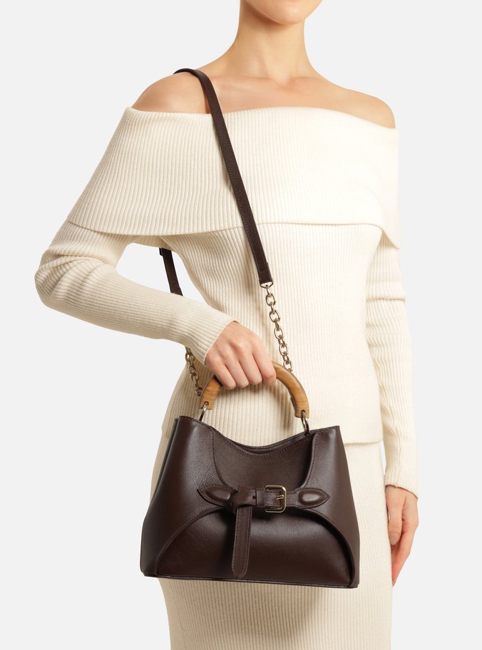 Bolsa Tote Marrom Couro Média Alça Madeira