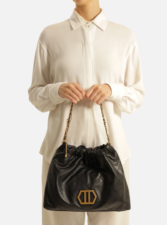 Bolsa Hobo Preta Couro Esther Grande