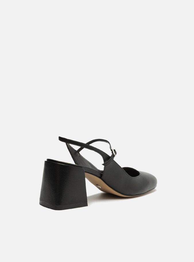 Sapato Boneca Preto Couro Salto Bloco Tira Slingback