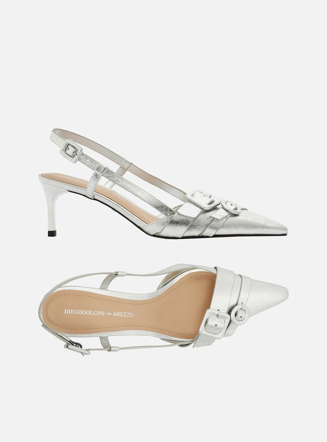 Scarpin Prata Couro Salto Baixo Slingback