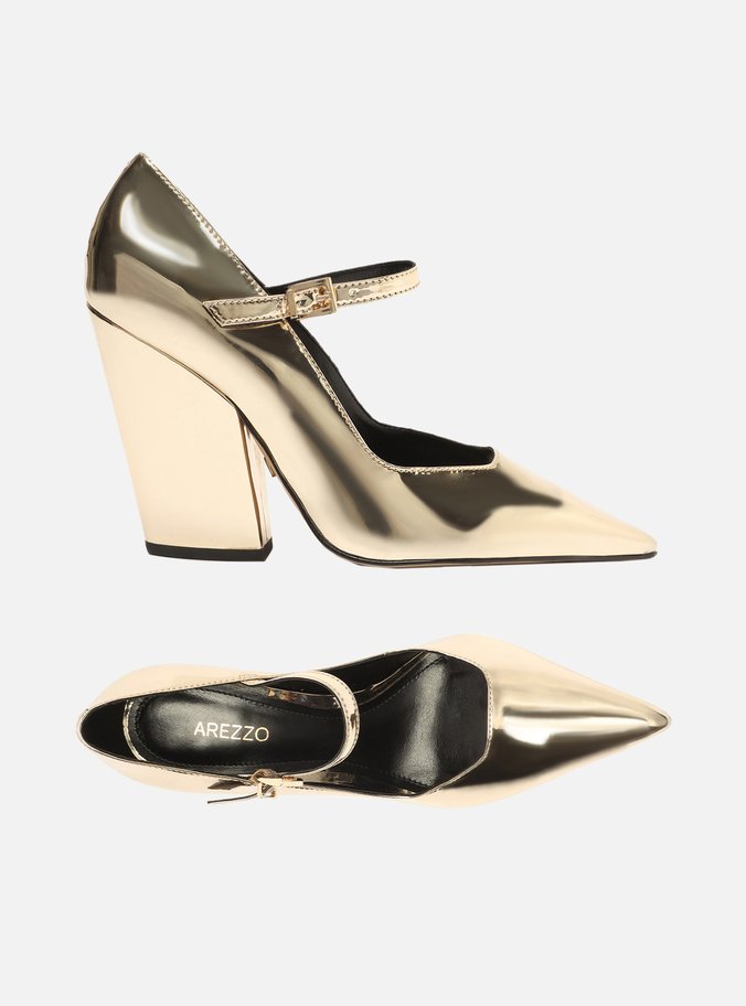 Scarpin Dourado Salto Bloco Bico Fino