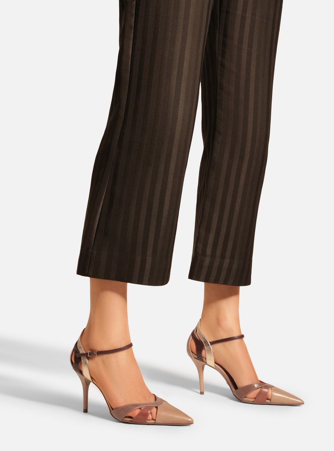 Scarpin Bege Couro Salto Fino Mix Tiras