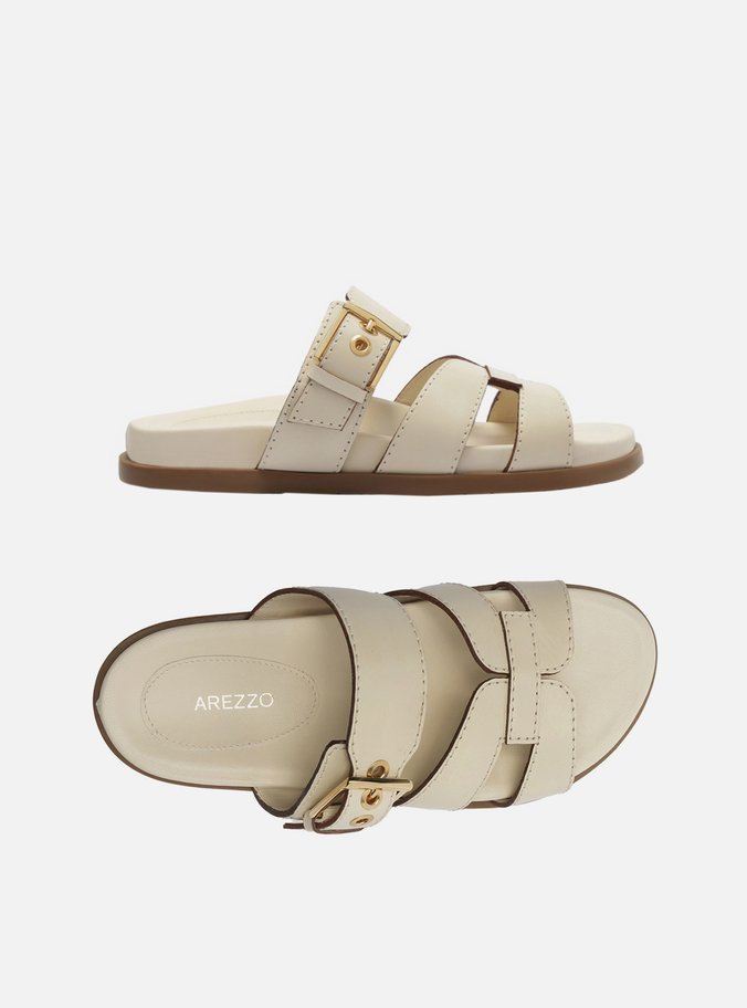 Sandália Rasteira Off-White Couro Fivela