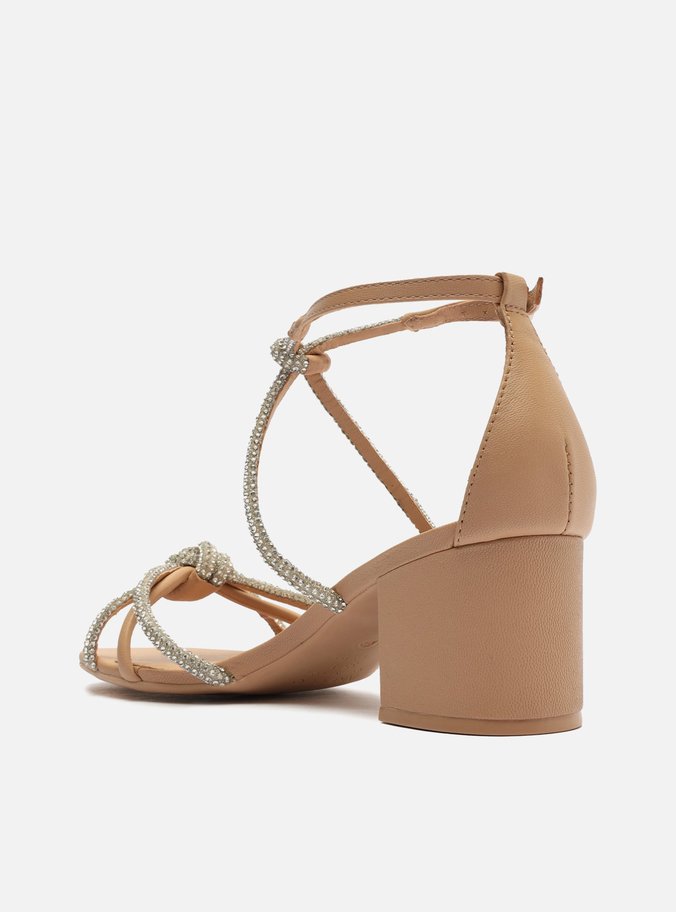 Sandália Nude Salto Bloco Strass