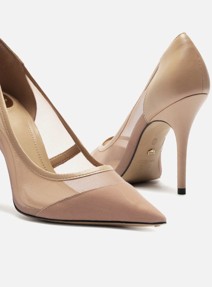Scarpin Bege Tela Salto Fino Detalhe Couro