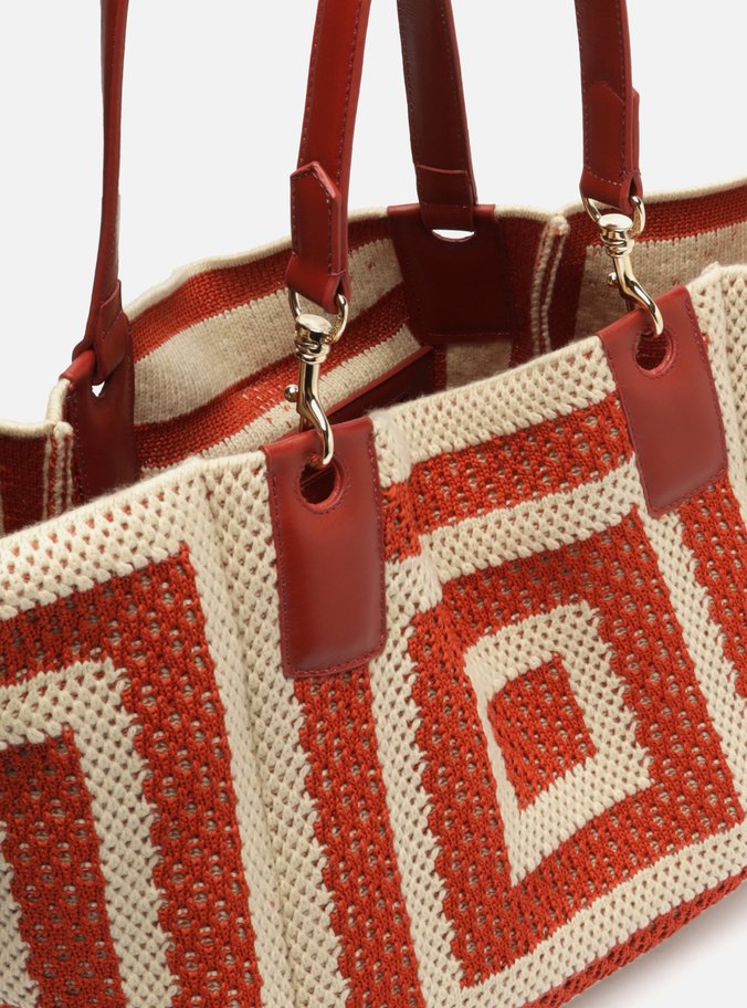 Bolsa Shopping Vermelha Crochê Grande Bicolor