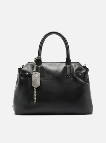 Bolsa Tote Preta Couro Grande Bag Charm Metal