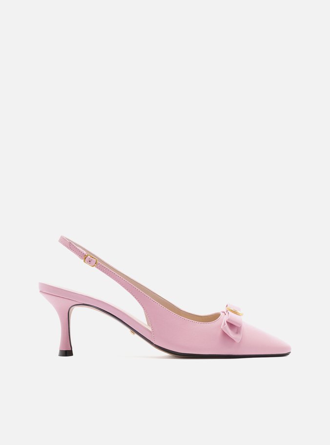 Scarpin Rosa Couro Bico Quadrado Slingback Laço