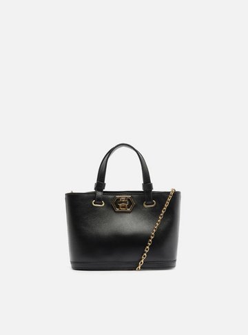Bolsa Tote Preta Couro Pequena Encaixe Metal