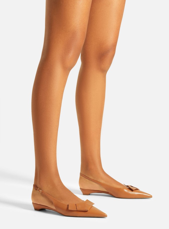 Sapatilha Marrom Couro Bico Fino Slingback Laço