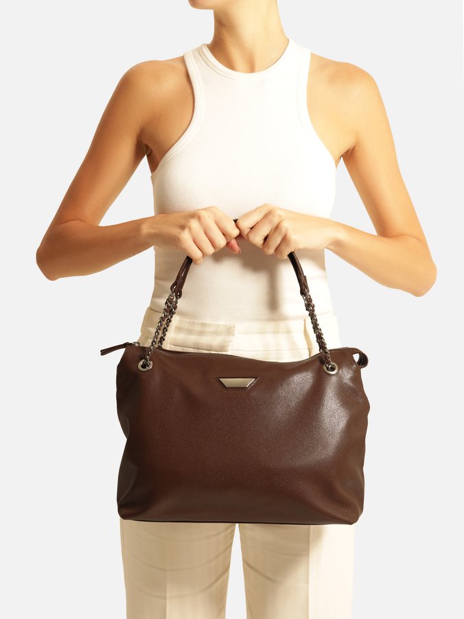 Bolsa Shopping Marrom Escura Couro Grande Metal