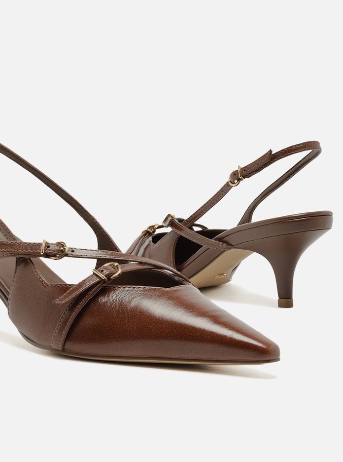Scarpin Marrom Couro Salto Médio Slingback Amélia