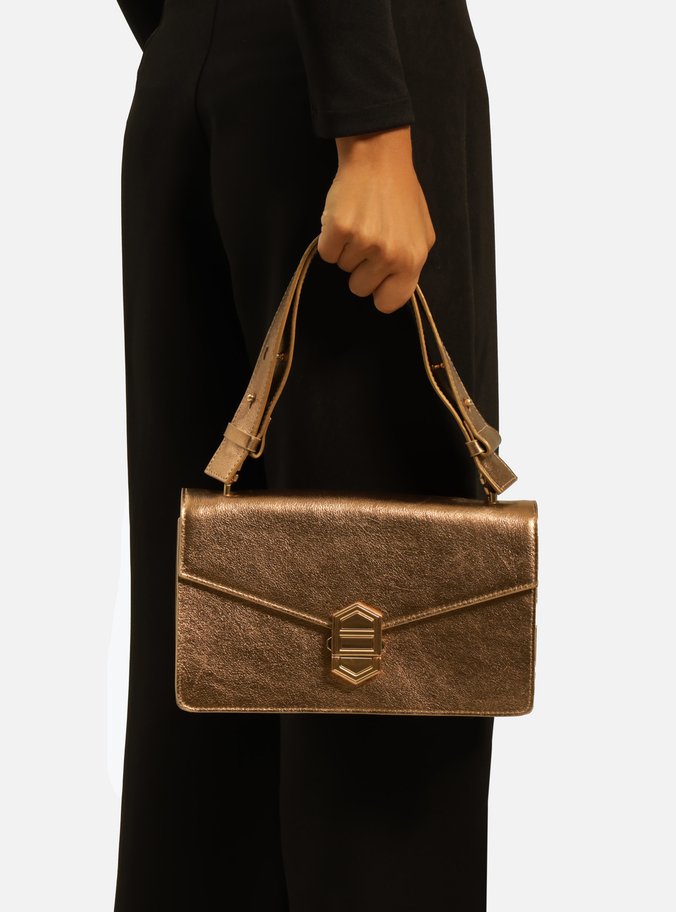 Bolsa Tiracolo Dourada Couro Média Metal