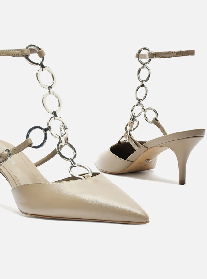 Scarpin Cinza Couro Salto Fino Metais TIG
