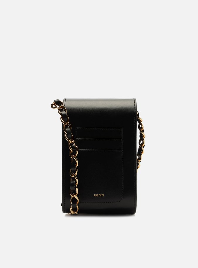Mini Bag Preta Couro Porta-Celular Metal Flor