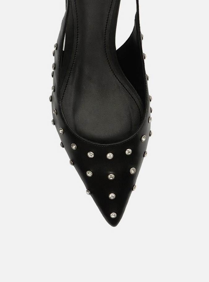 Scarpin Preto Couro Salto Kitten Slingback Tachas