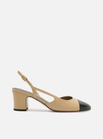 Arezzo — Scarpin Marrom Couro Salto Bloco Slingback Cap Toe Preto