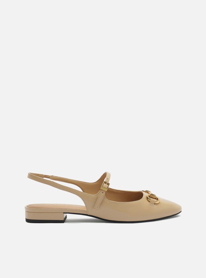 Sapatilha Nude Couro Bico Redondo Bridão Slingback