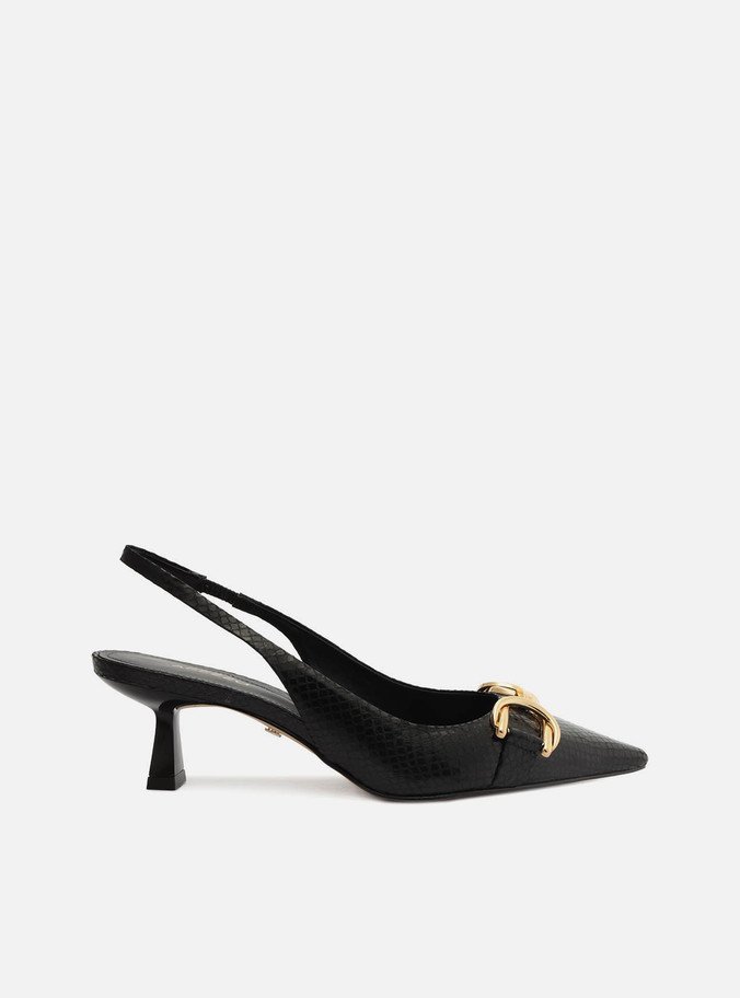 Scarpin Preto Snake Bico Fino Slingback Bridão