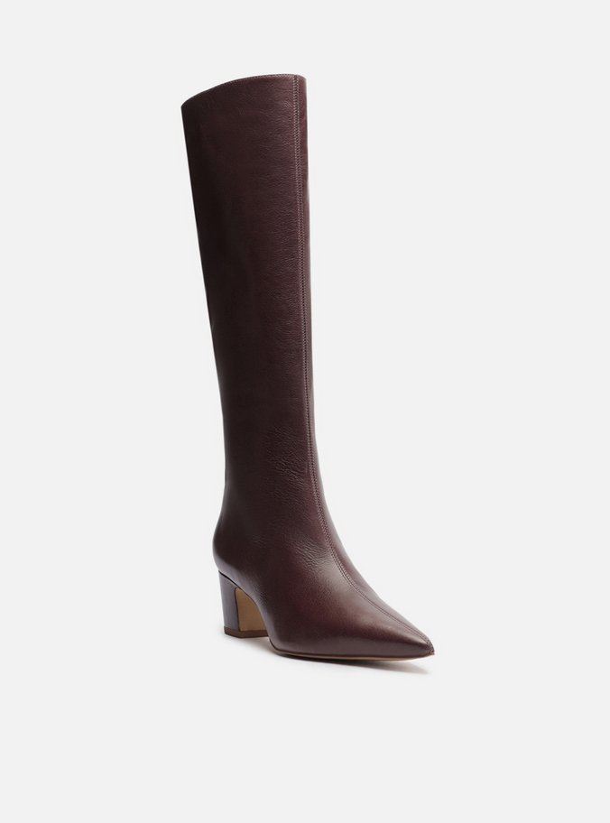 Bota Marrom Couro Cano Longo Bico Fino Zíper