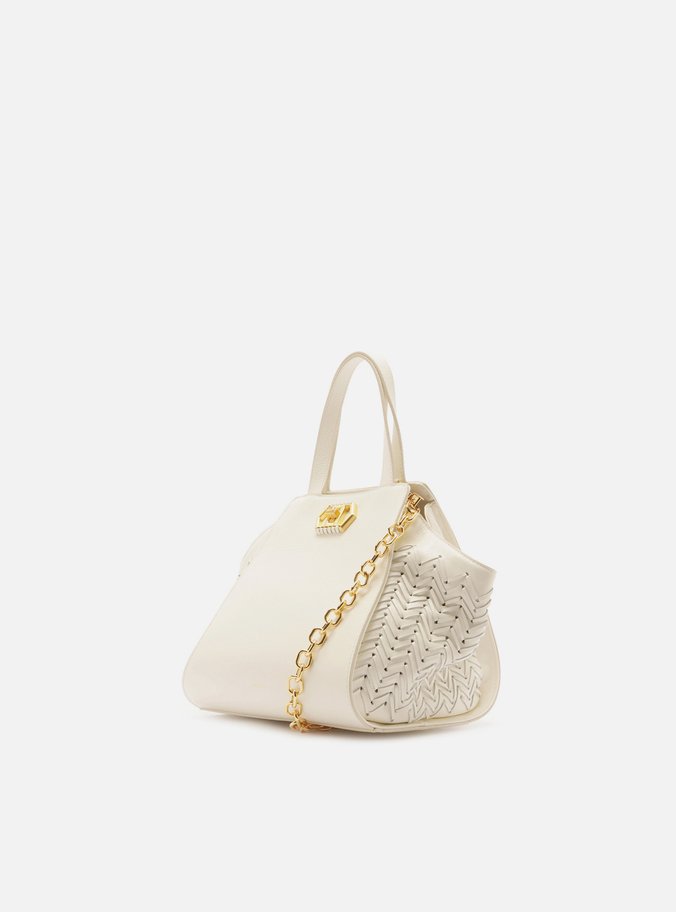 Bolsa Tote Branca Couro Média Recortes