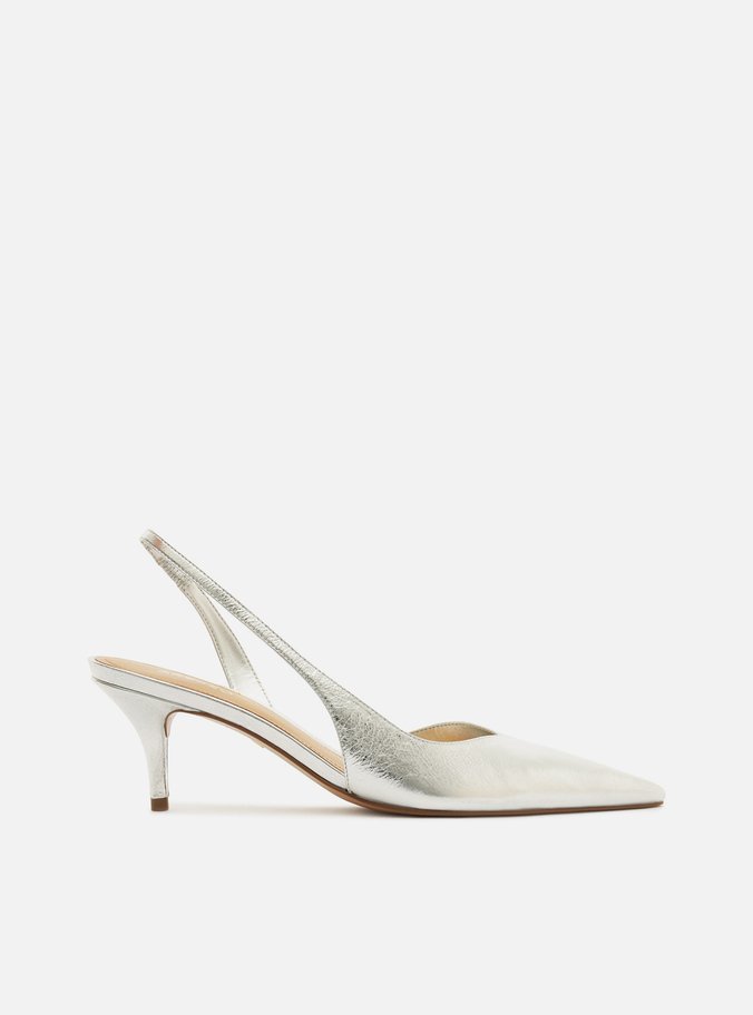 Scarpin Prateado Couro Salto Fino Slingback