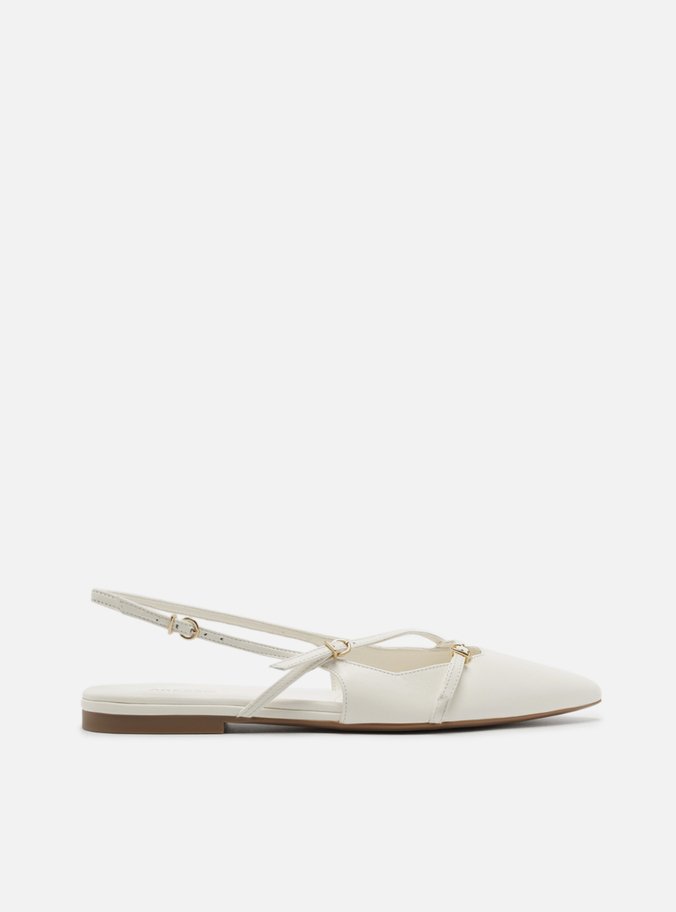 Sapatilha Branca Couro Bico Fino Slingback Fivelas
