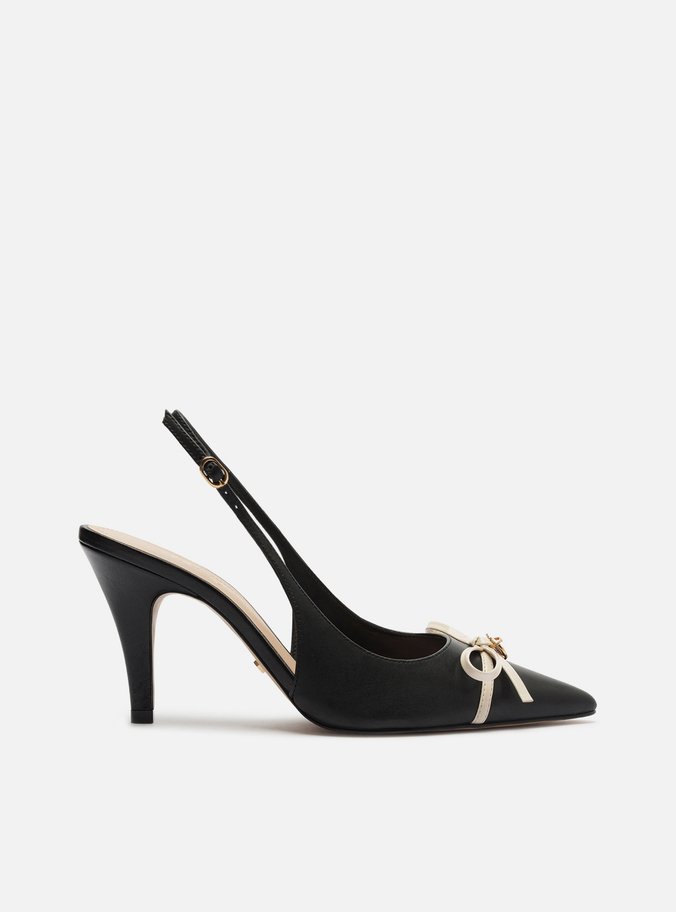 Scarpin Preto Couro Salto Médio Slingback Laço