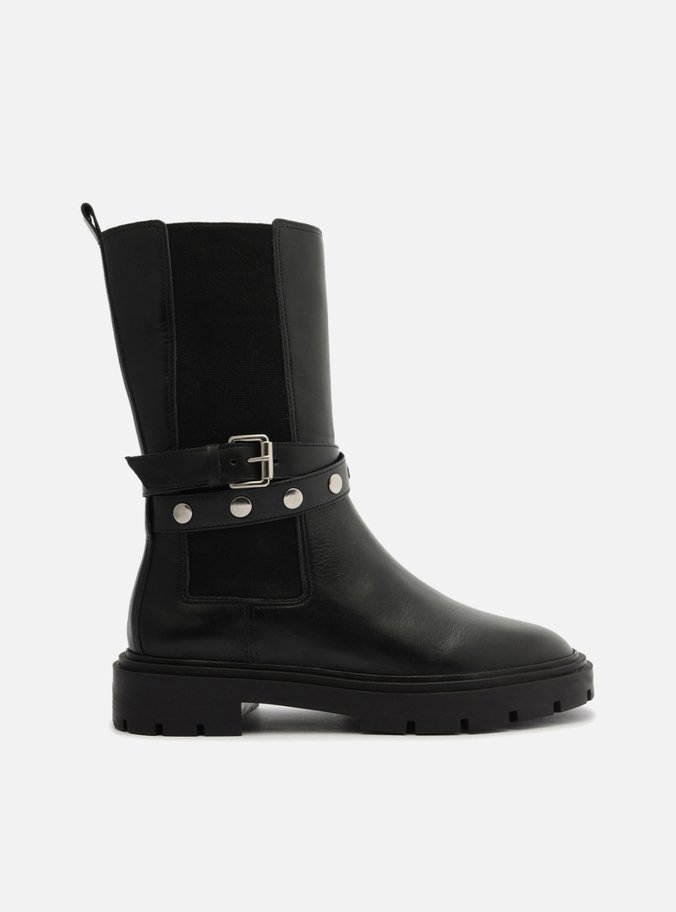 Bota Preta Couro Cano Médio Tratorada