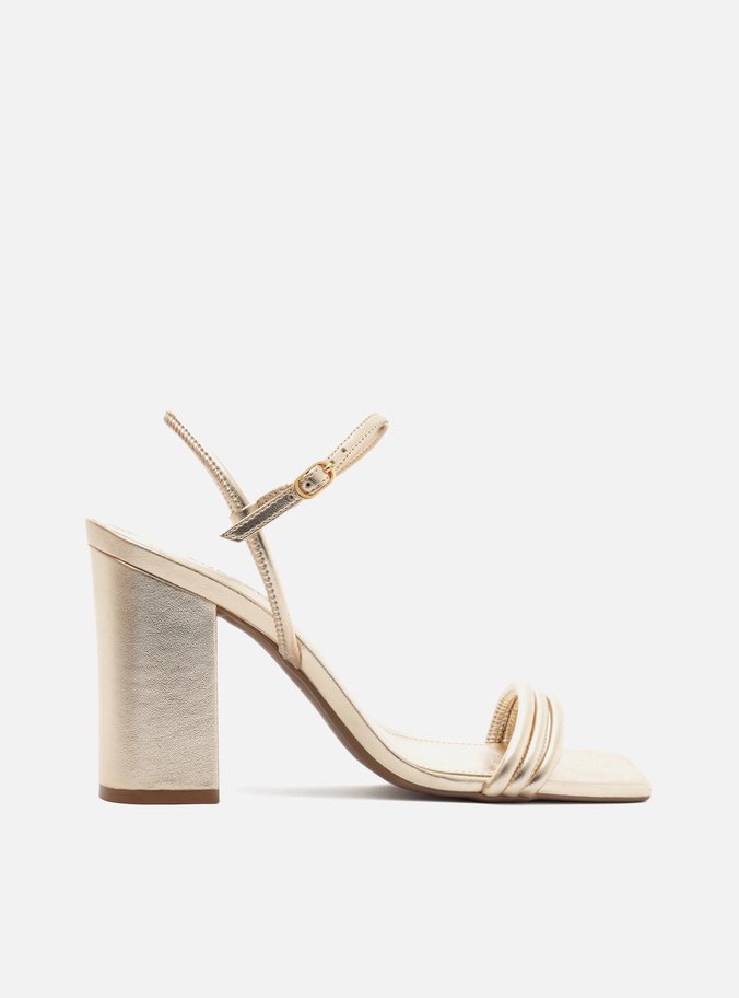 Sandália Dourada Salto Alto Bloco