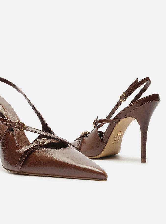 Scarpin Marrom Couro Salto Alto Slingback Amélia