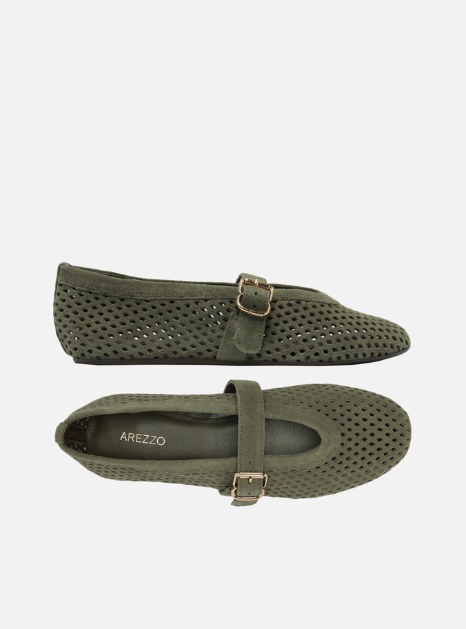 Sapatilha Verde Suede Vazada Bico Redondo