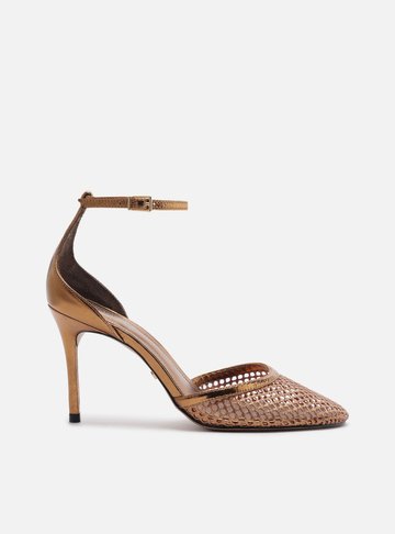 Scarpin Bronze Salto Alto Fino Aberto Tela