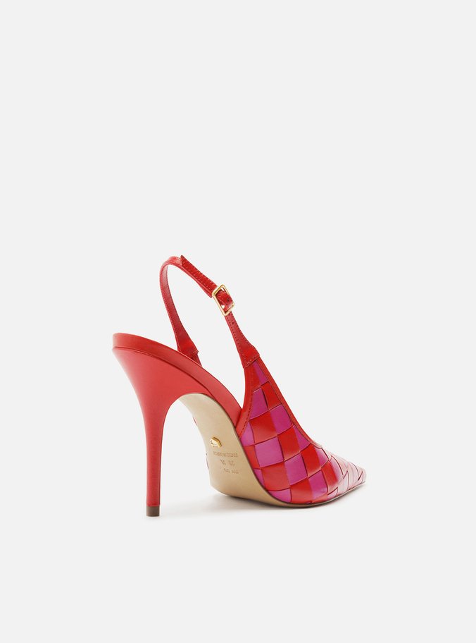 Scarpin Vermelho Tressê Rosa Slingback