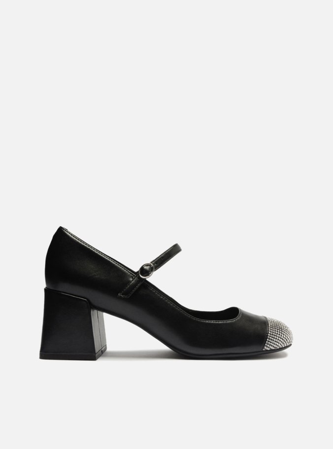 Sapato Boneca Preto Couro Salto Bloco Strass