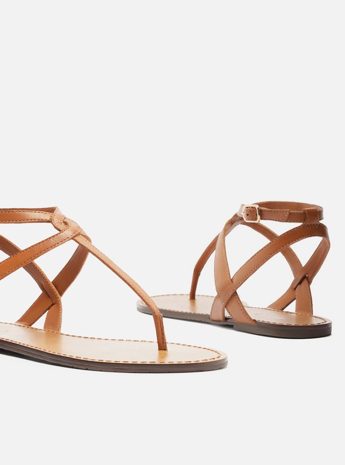Sandália Rasteira Marrom Couro Slim Cross