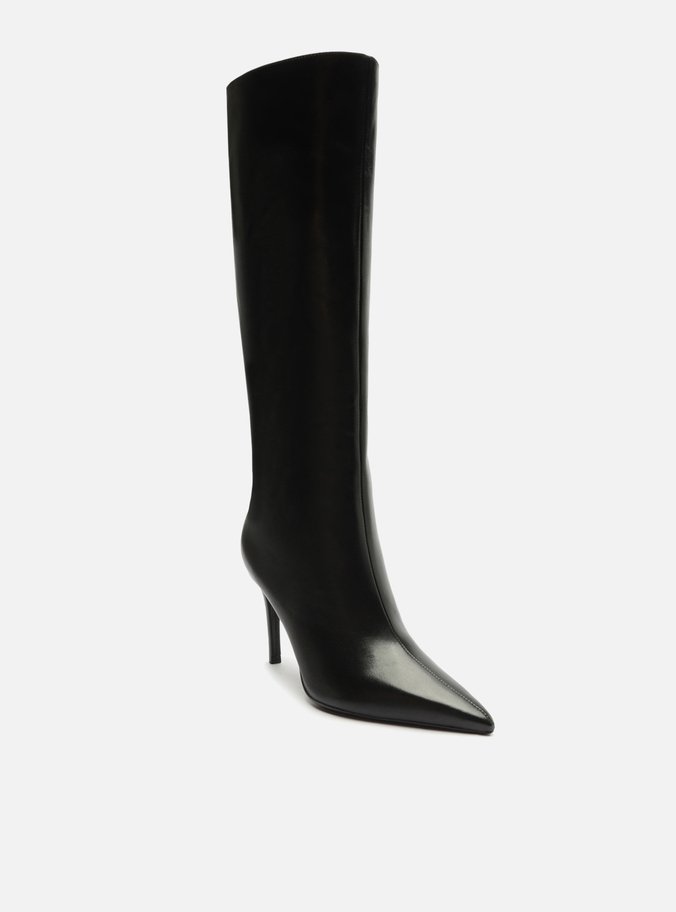Bota Preta Couro Cano Médio Bico Fino