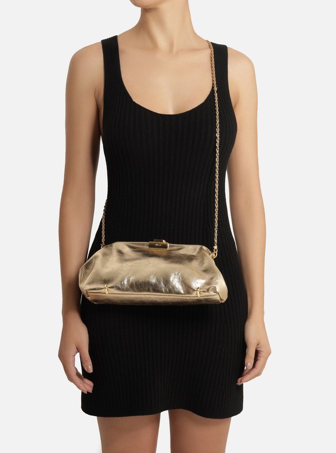 Bolsa Clutch Dourada Couro Média Corrente Metais
