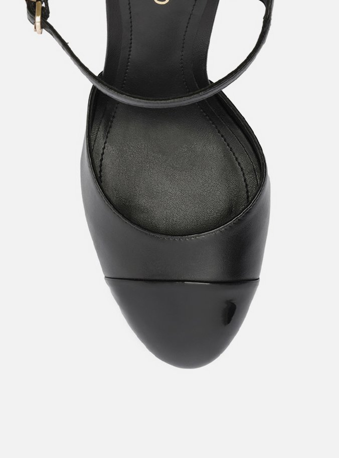 Scarpin Preto Couro Anabela Cap Toe