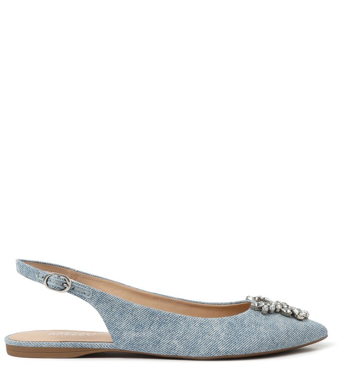 Sapatilha Slingback Jeans com Aplicações de Bijoux