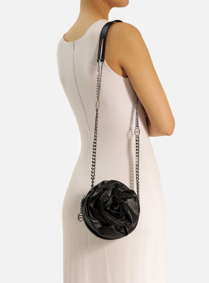 Bolsa Tiracolo Preta Couro Pequena Flor